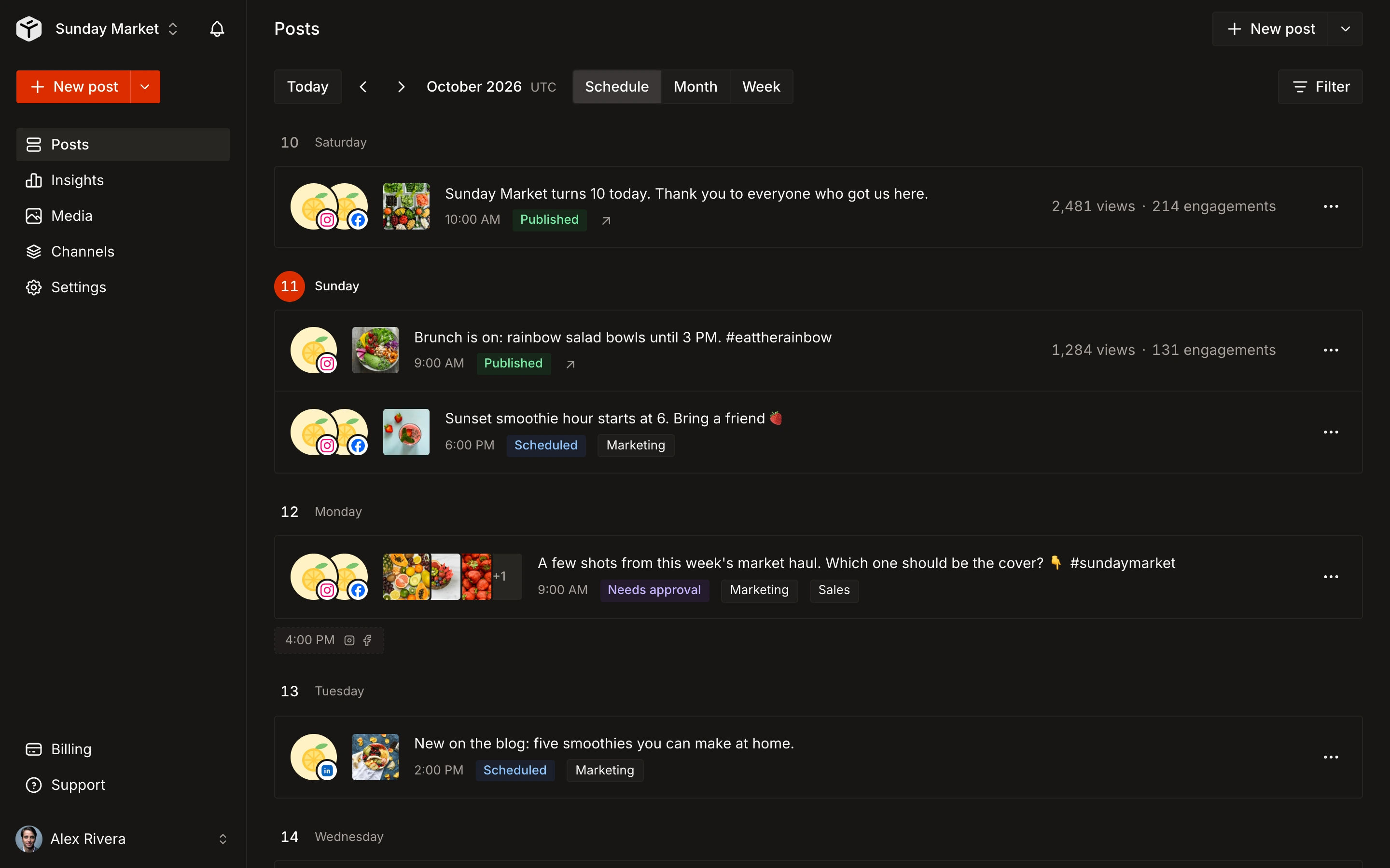 Tallyfeed posts list with approval, published and scheduled statuses