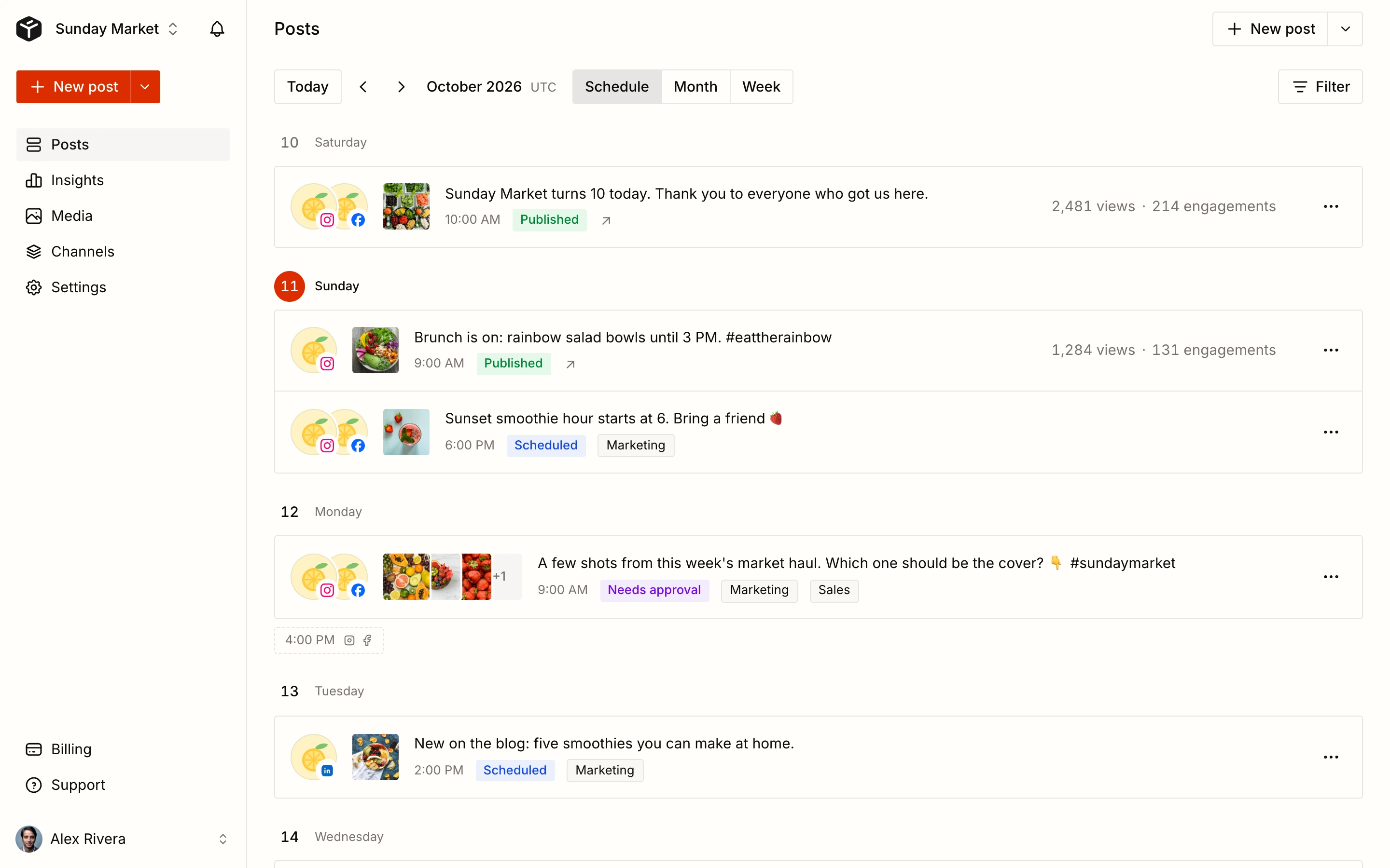Tallyfeed posts list with approval, published and scheduled statuses