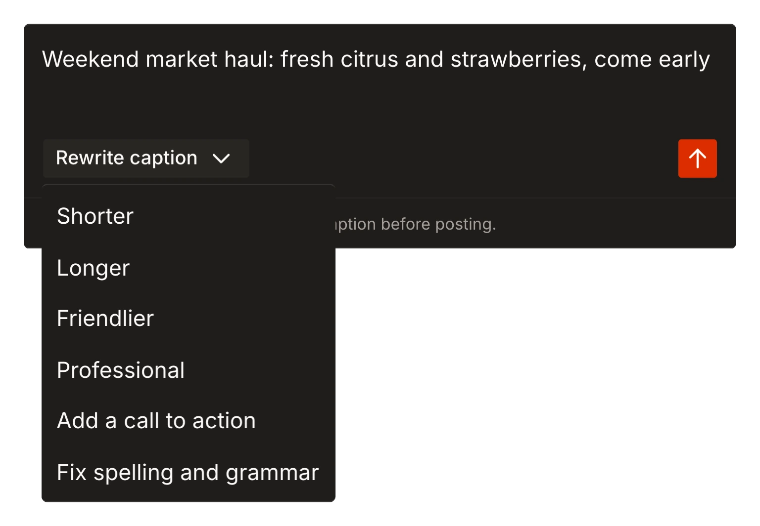Tallyfeed's AI caption writer with rewrite options: shorter, longer, friendlier and more