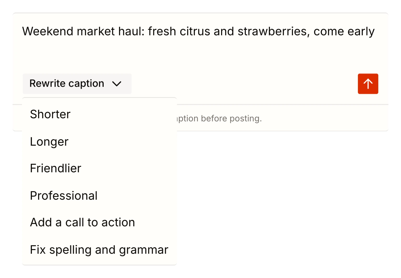 Tallyfeed's AI caption writer with rewrite options: shorter, longer, friendlier and more