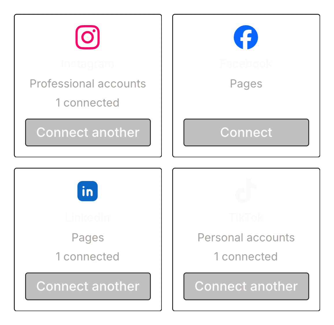 Instagram, Facebook, LinkedIn and TikTok connect cards in Tallyfeed