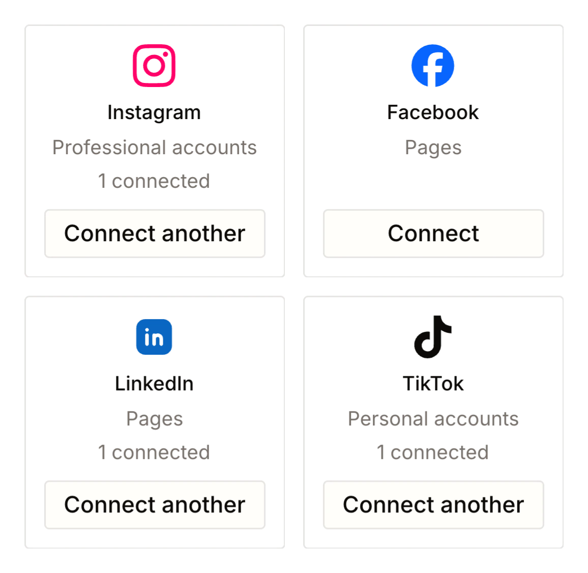 Instagram, Facebook, LinkedIn and TikTok connect cards in Tallyfeed