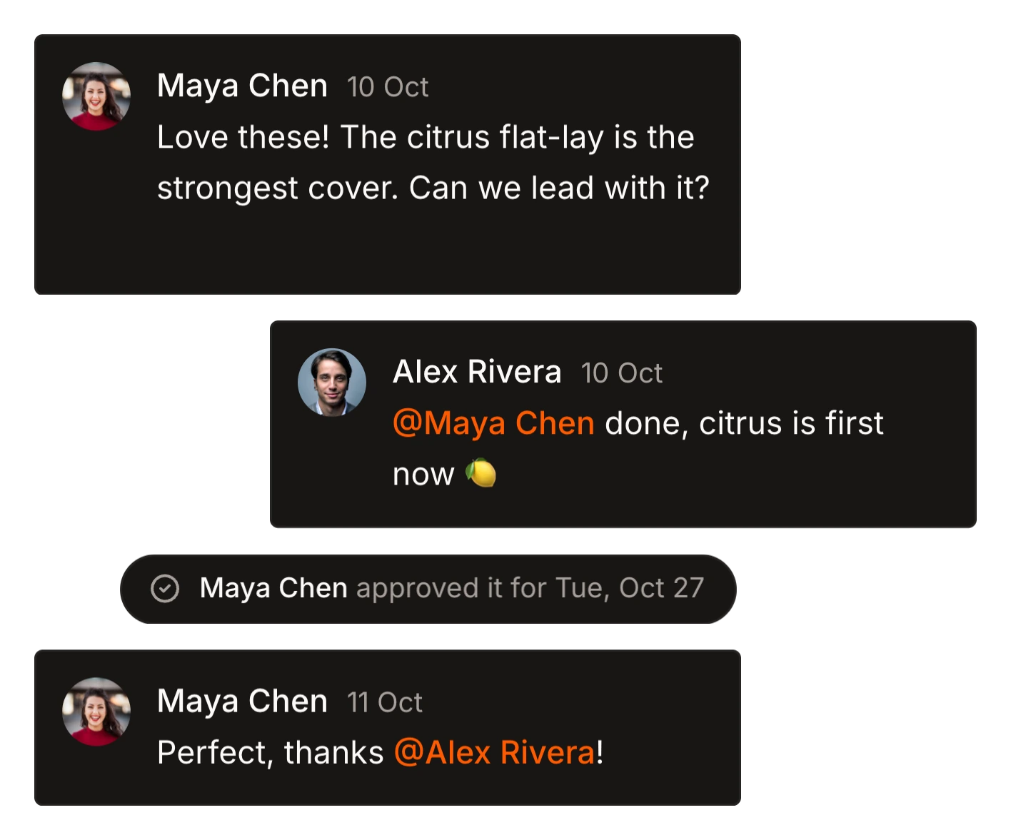 Teammates commenting on a post, with an @mention and an approval