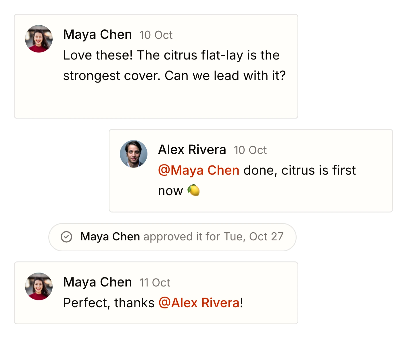Teammates commenting on a post, with an @mention and an approval
