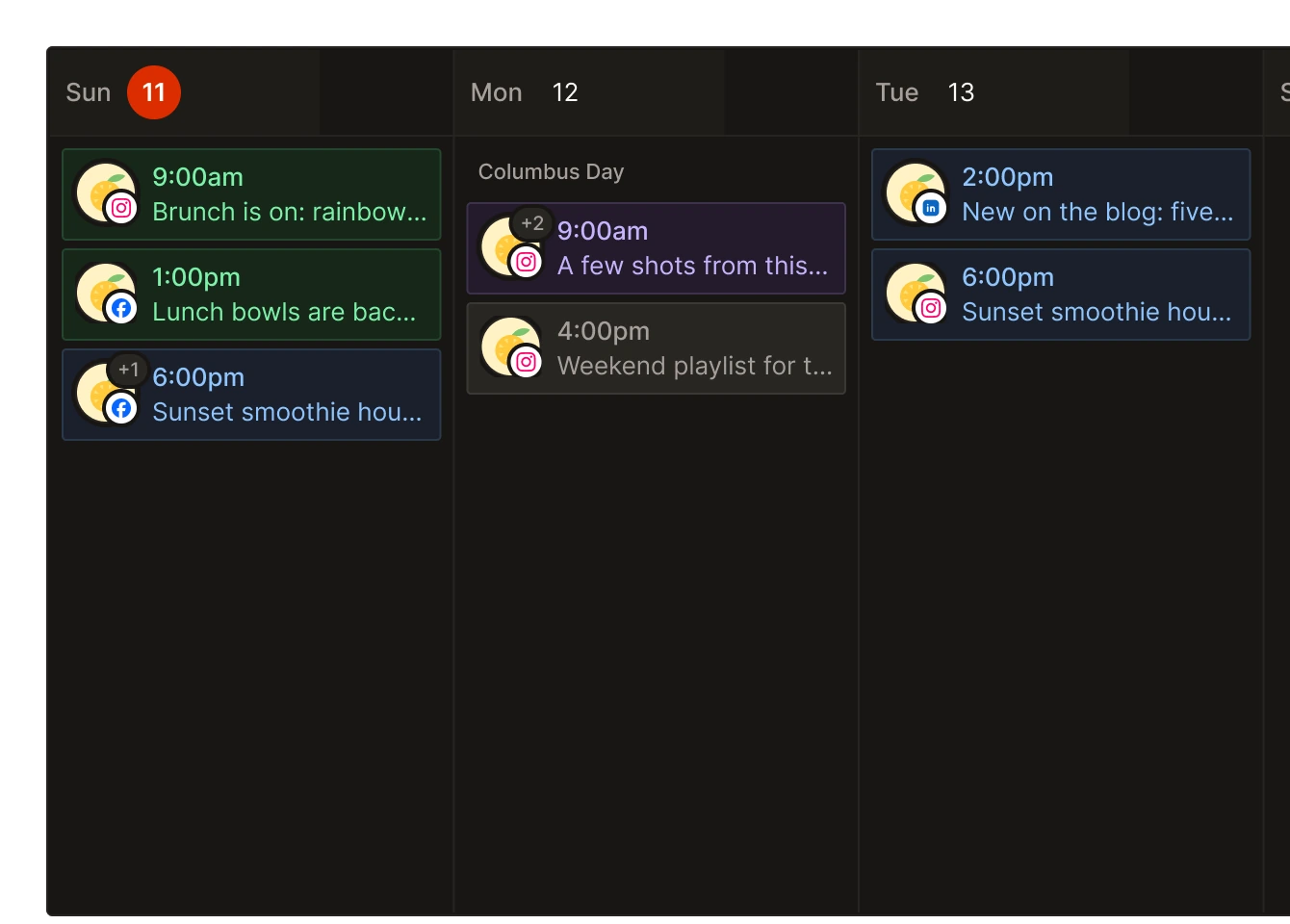 A week in the Tallyfeed calendar with published, scheduled, draft and in-review posts