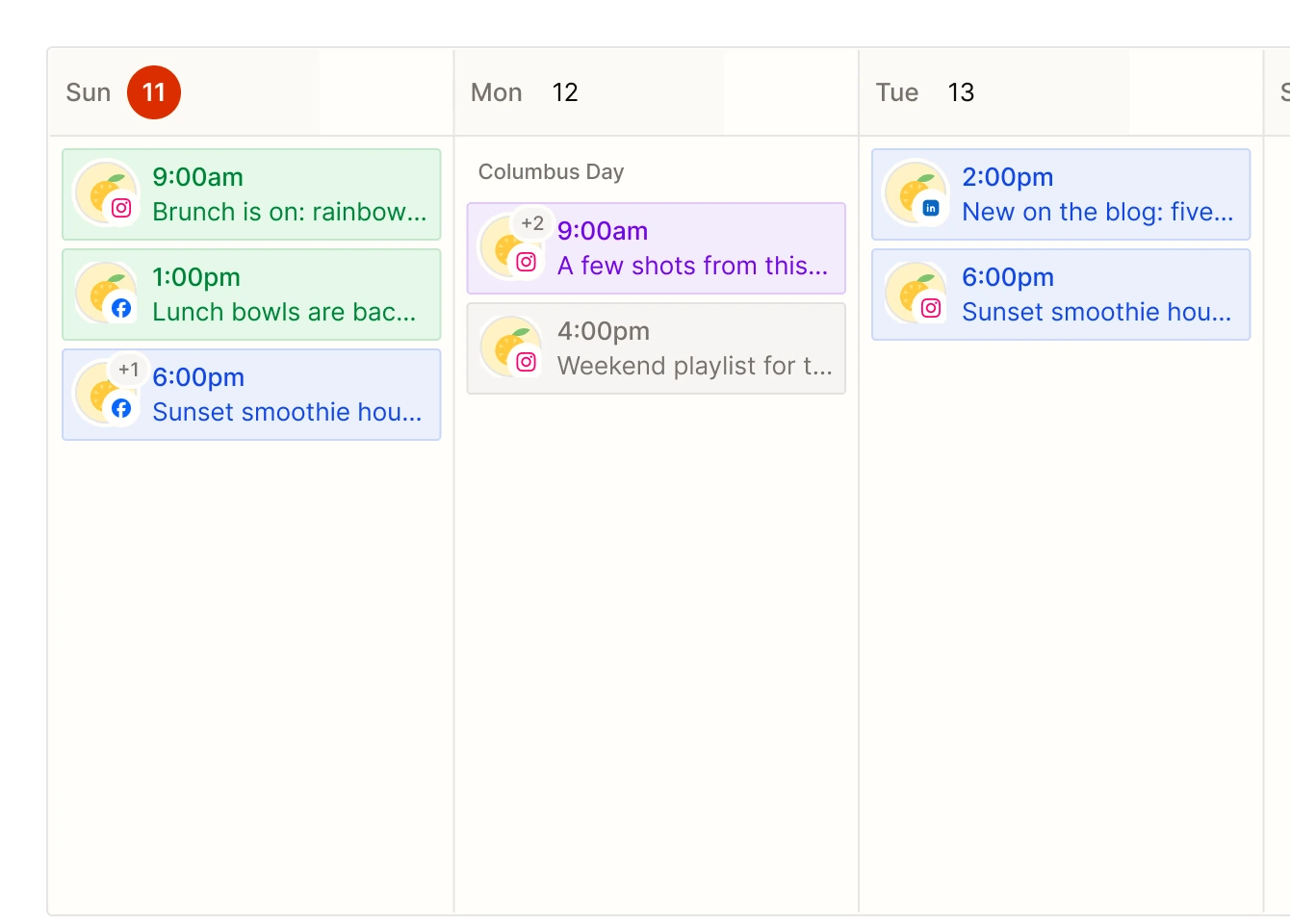 A week in the Tallyfeed calendar with published, scheduled, draft and in-review posts