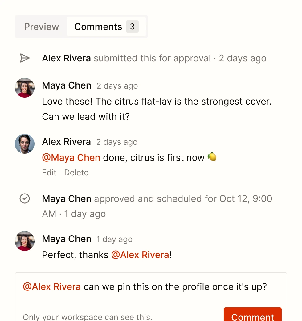 Teammates commenting on a post, with an @mention and an approval