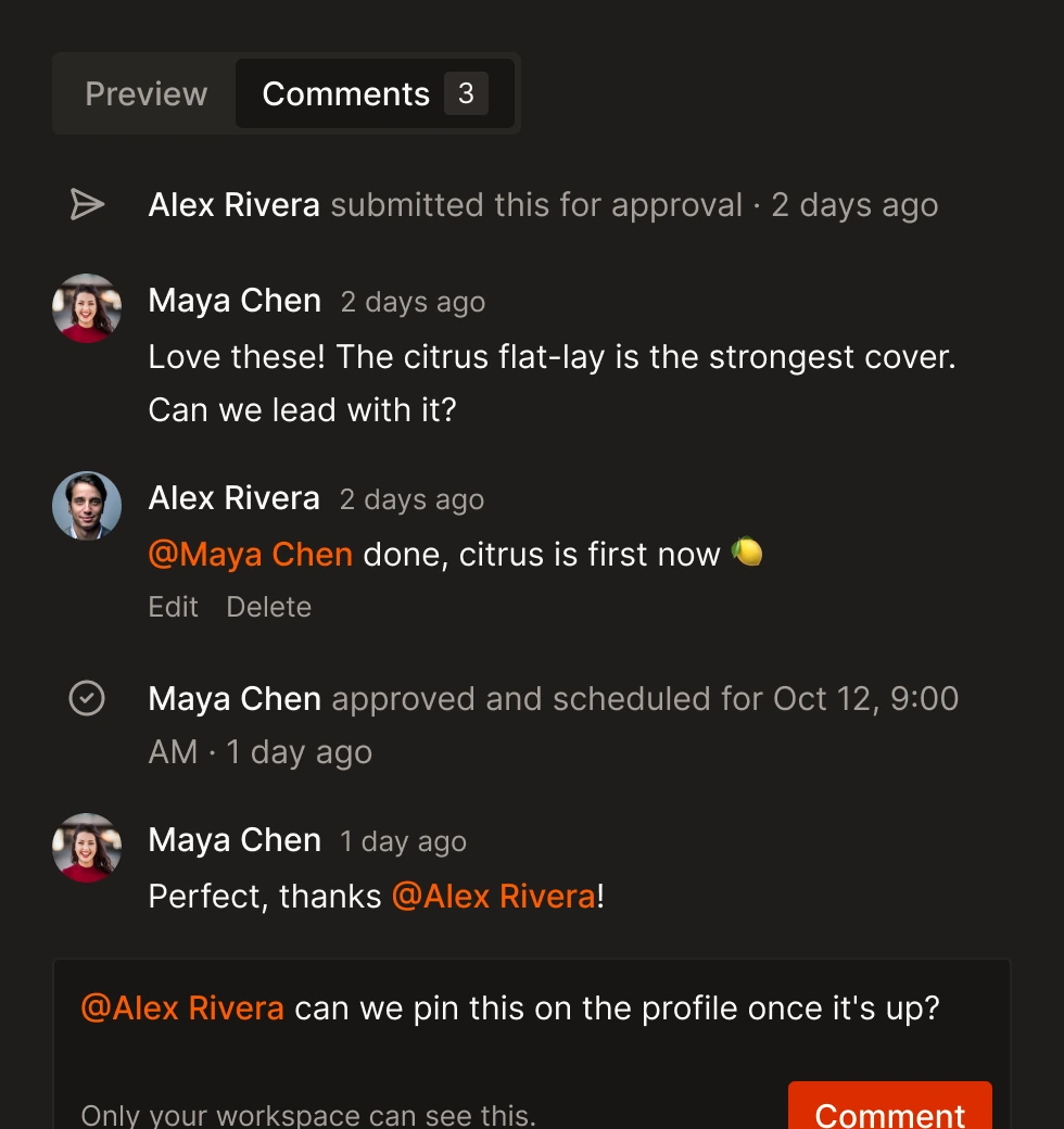 Teammates commenting on a post, with an @mention and an approval