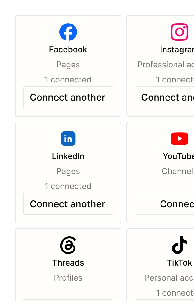 Connect cards for Facebook, Instagram, LinkedIn, YouTube and more in Tallyfeed