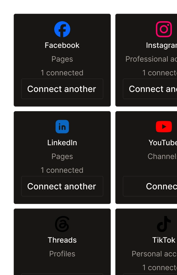 Connect cards for Facebook, Instagram, LinkedIn, YouTube and more in Tallyfeed