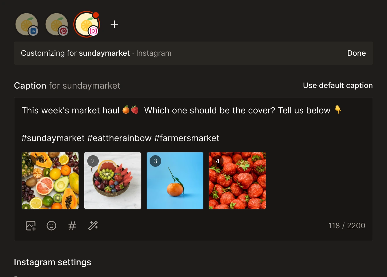 Three channels selected in Tallyfeed, with Instagram given its own caption