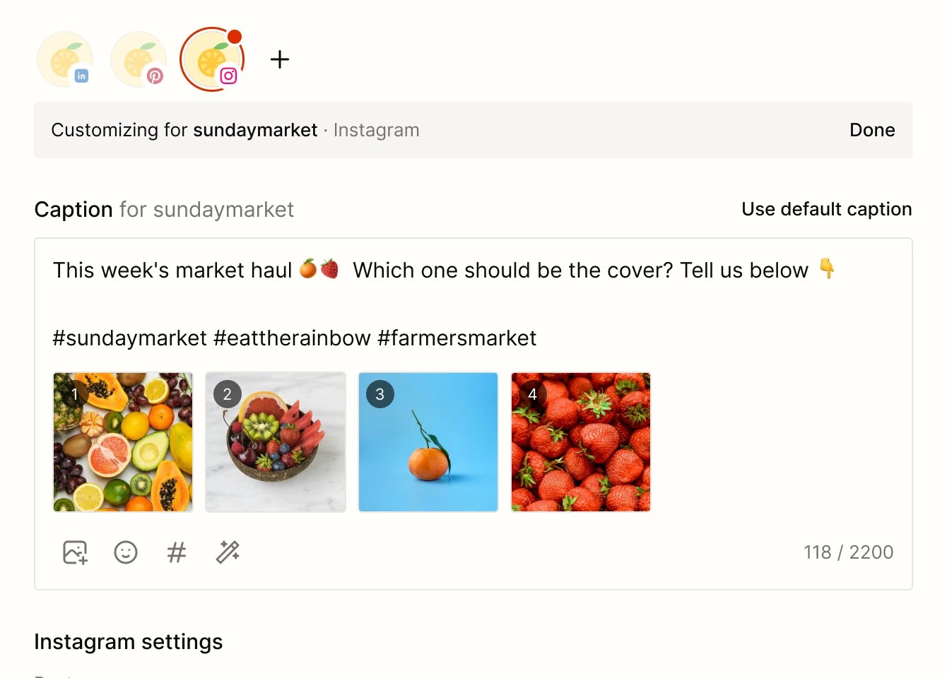 Three channels selected in Tallyfeed, with Instagram given its own caption