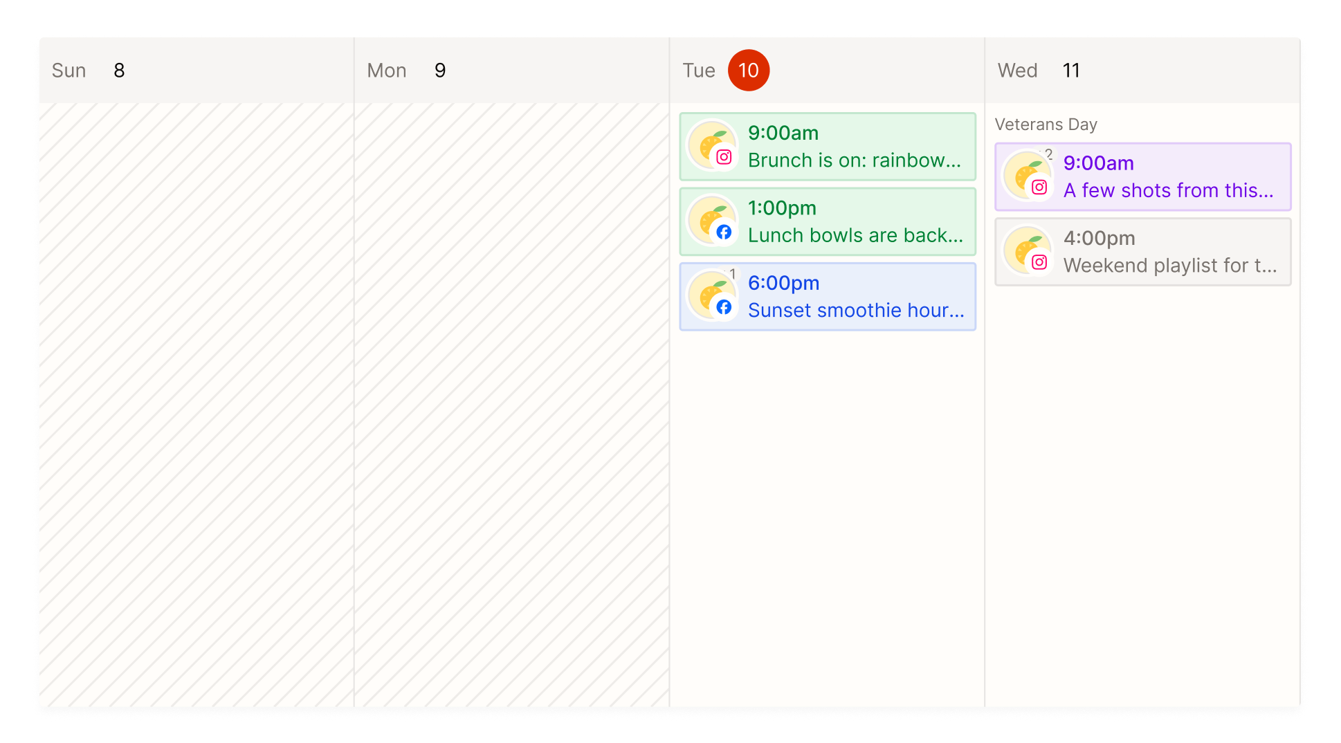 A week in the Tallyfeed calendar with published, scheduled, draft and in-review posts