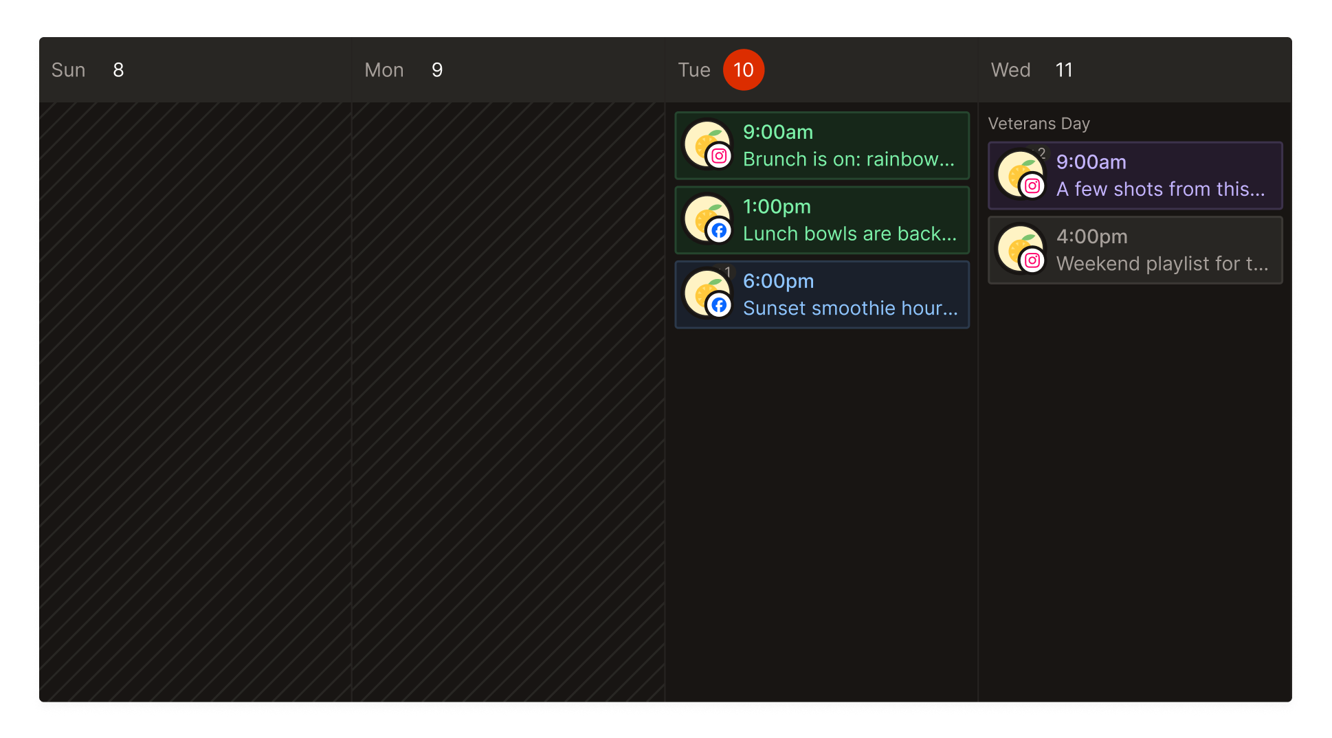 A week in the Tallyfeed calendar with published, scheduled, draft and in-review posts