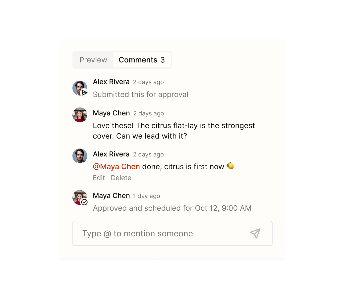 Teammates commenting on a post, with an @mention and an approval