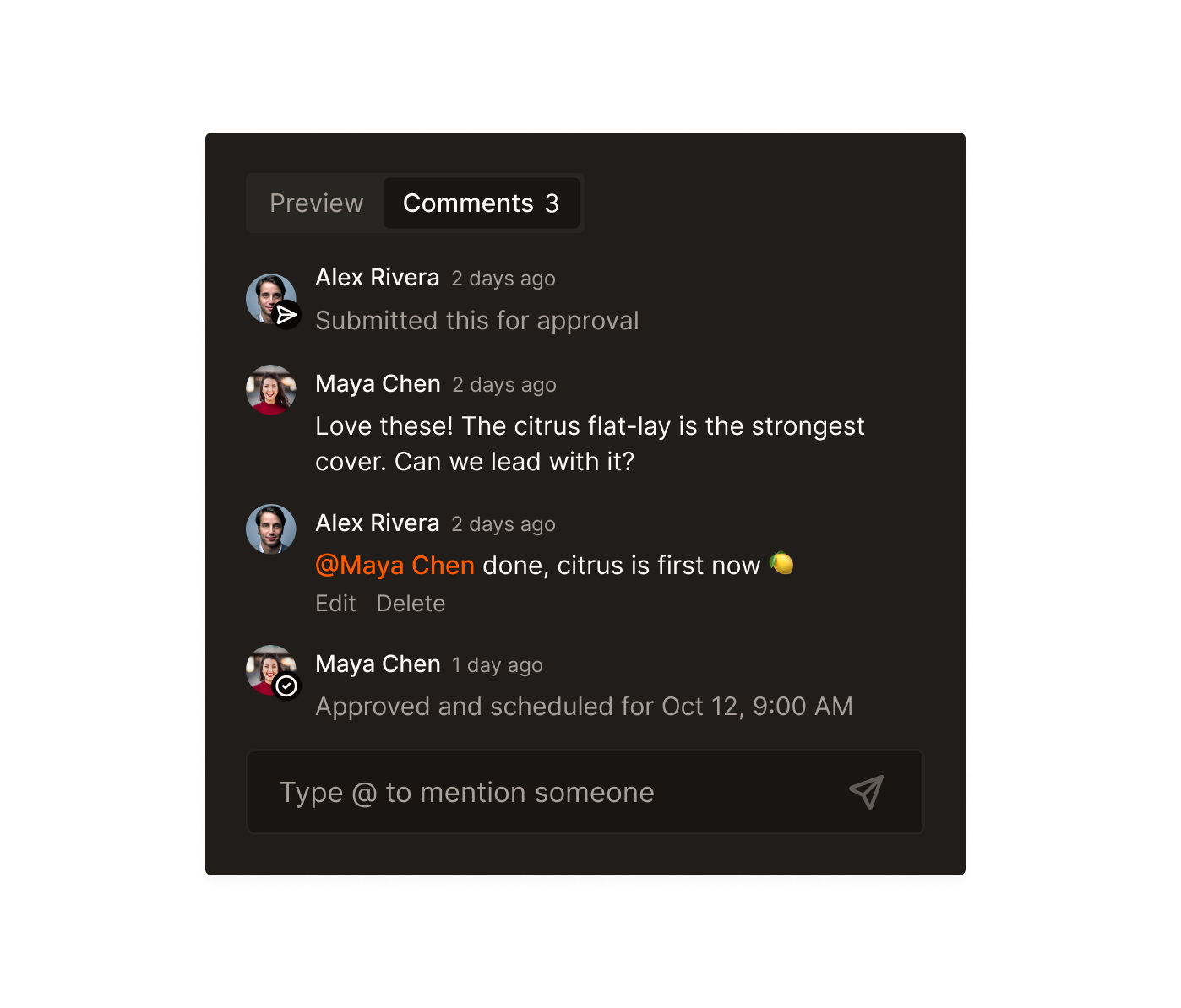 Teammates commenting on a post, with an @mention and an approval