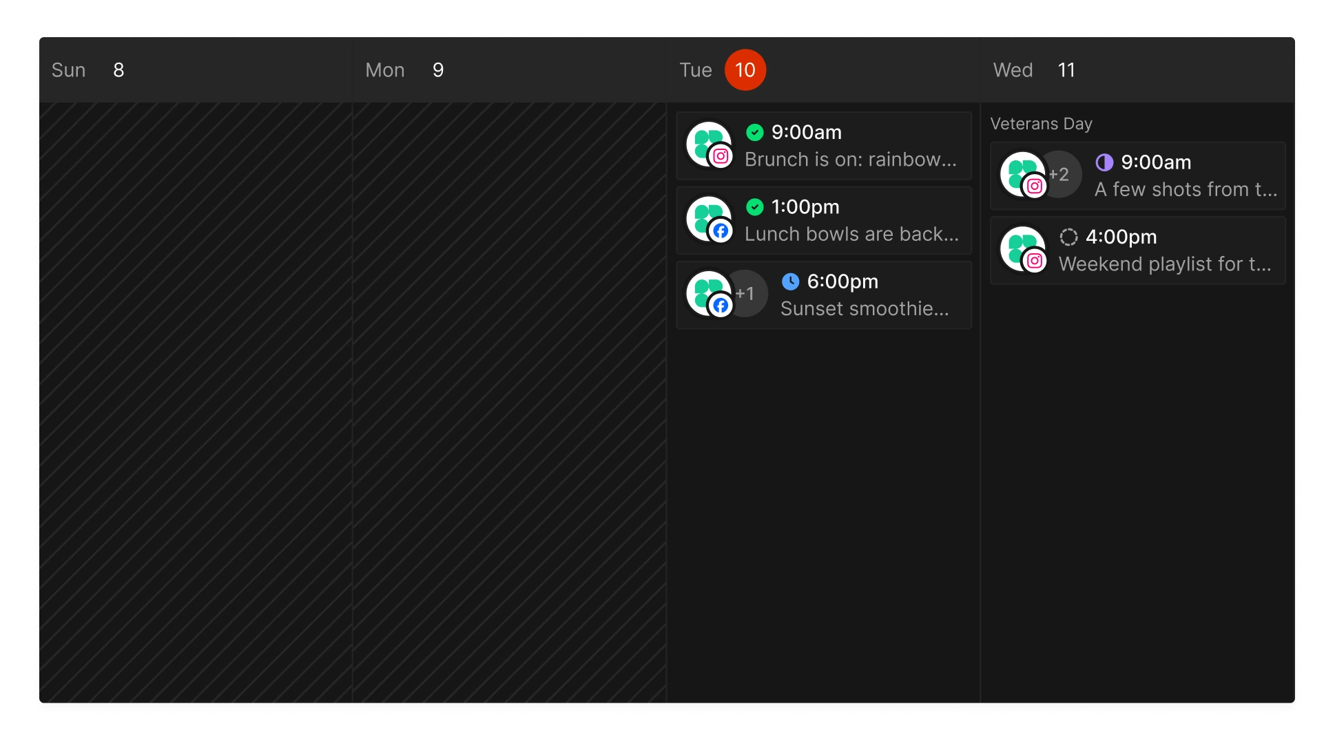 A week in the Tallyfeed calendar with published, scheduled, draft and in-review posts