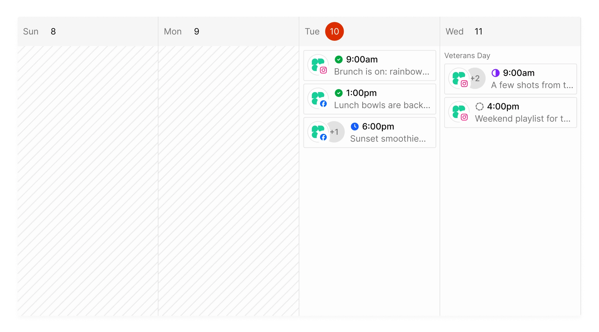 A week in the Tallyfeed calendar with published, scheduled, draft and in-review posts