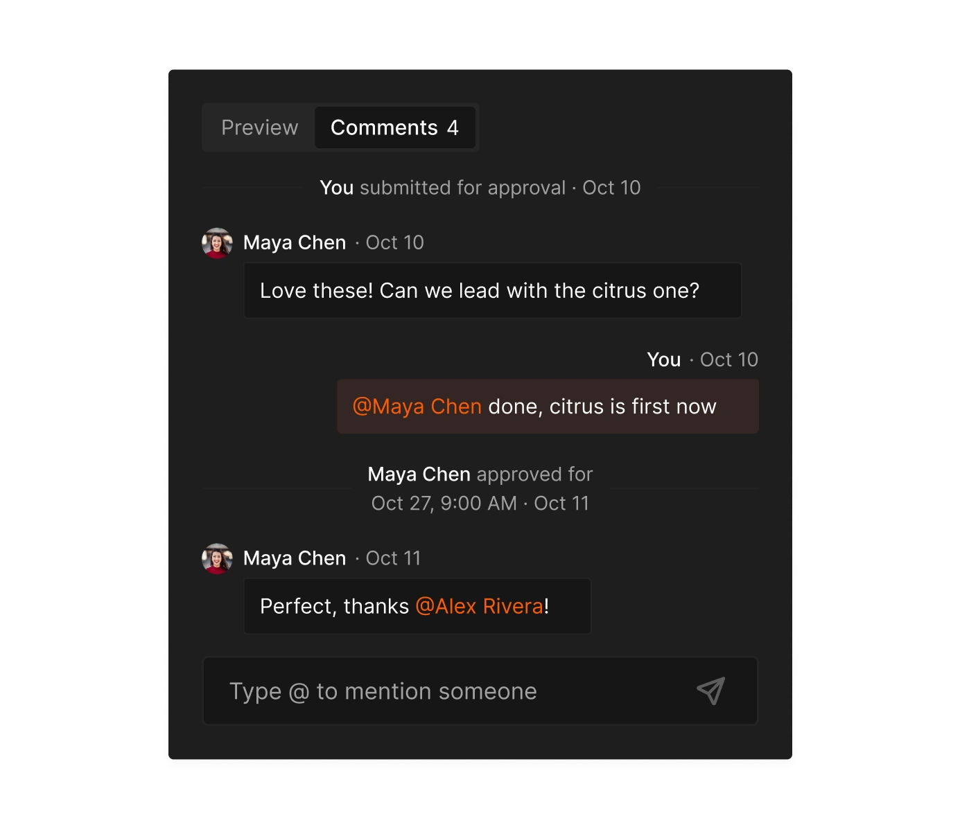 Teammates commenting on a post, with an @mention and an approval