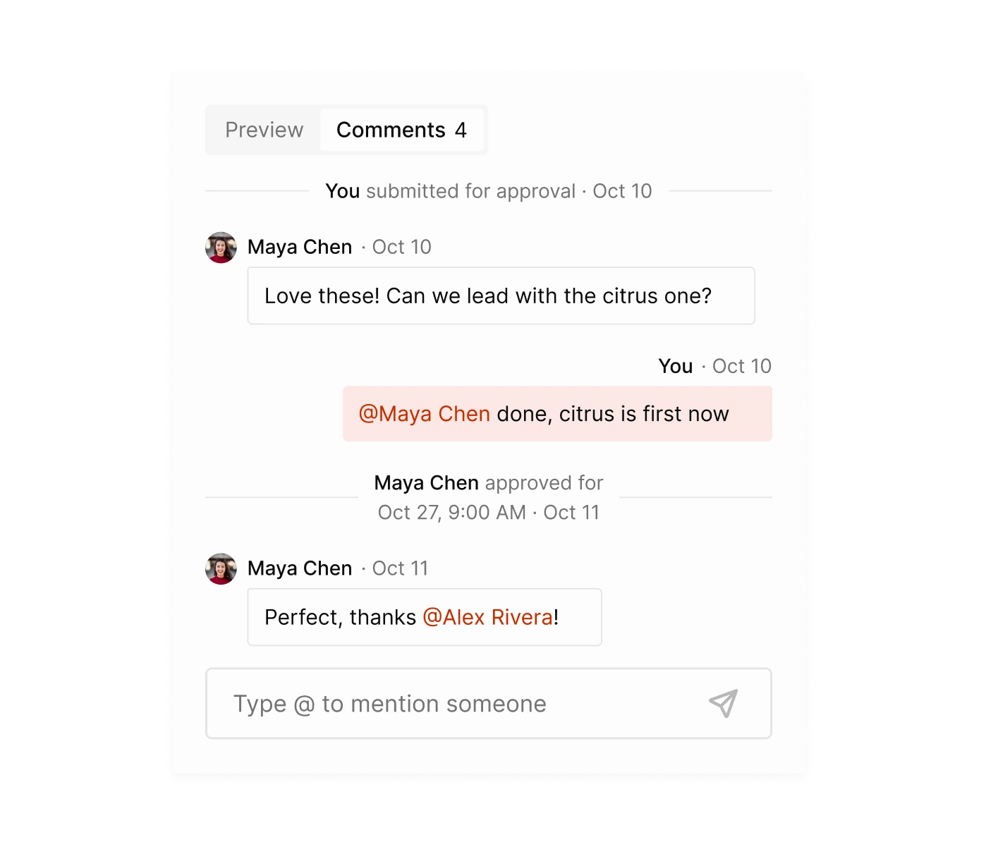 Teammates commenting on a post, with an @mention and an approval