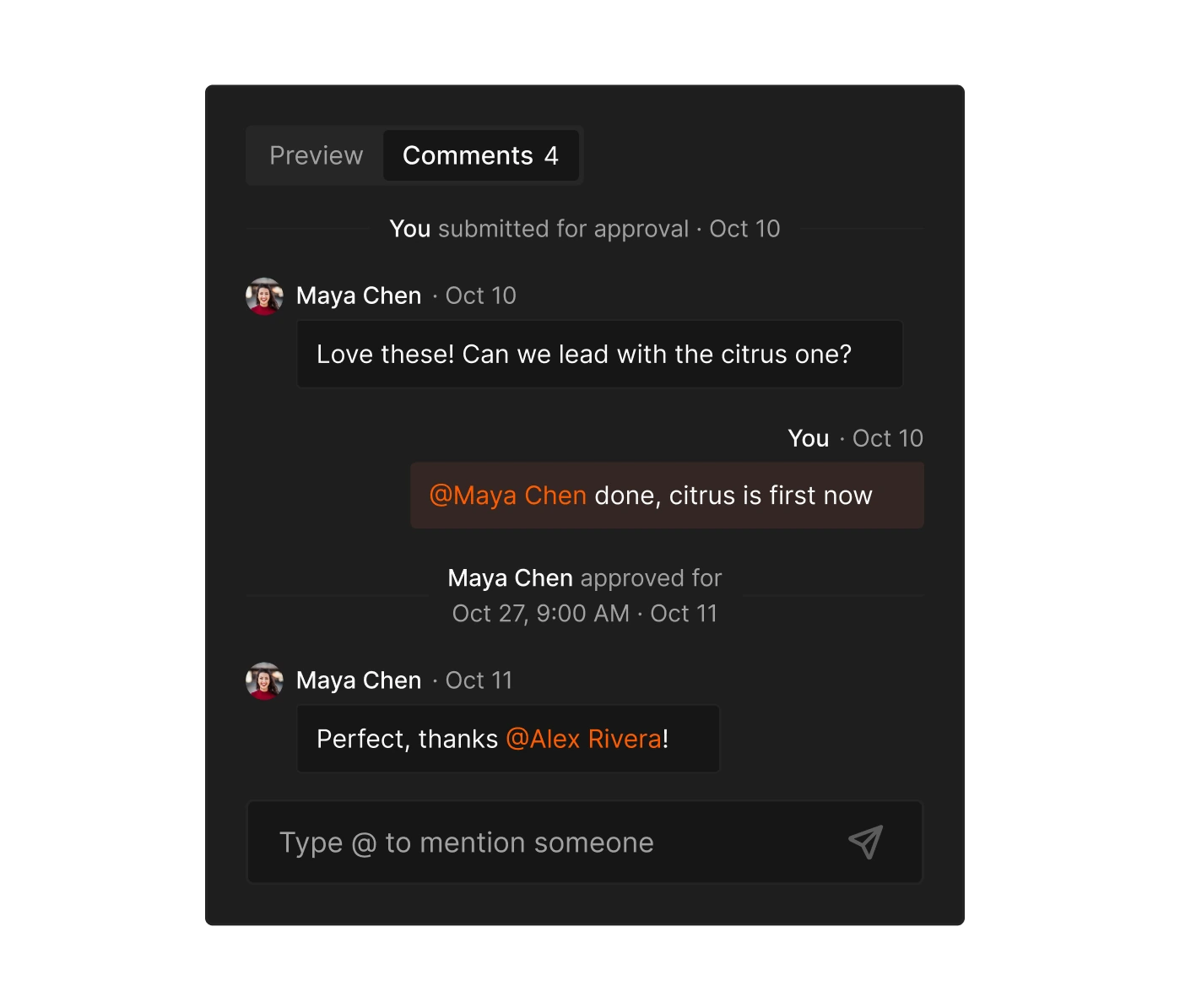 Teammates commenting on a post, with an @mention and an approval