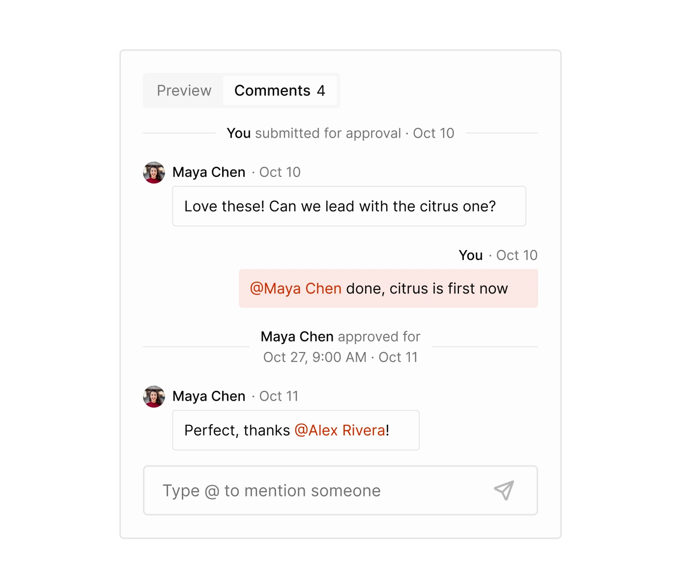 Teammates commenting on a post, with an @mention and an approval