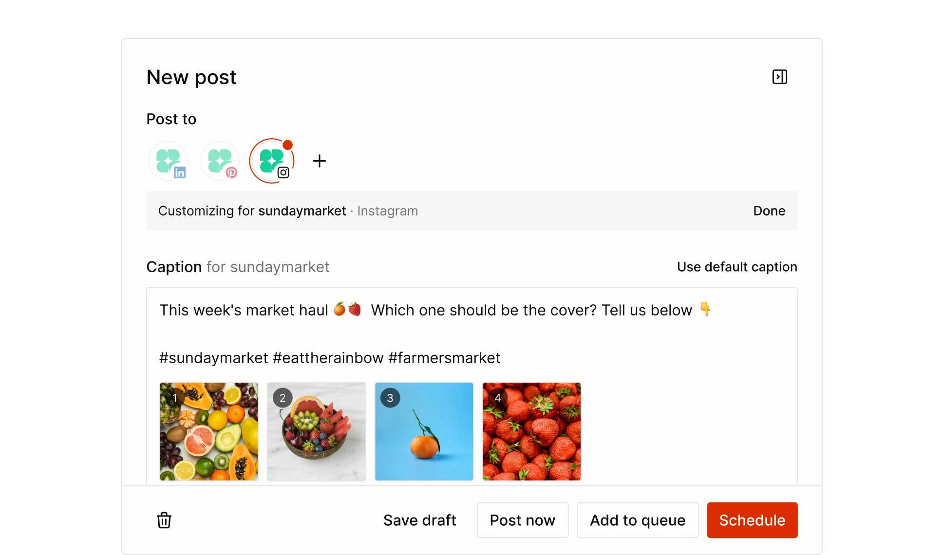 Three channels selected in Tallyfeed, with Instagram given its own caption