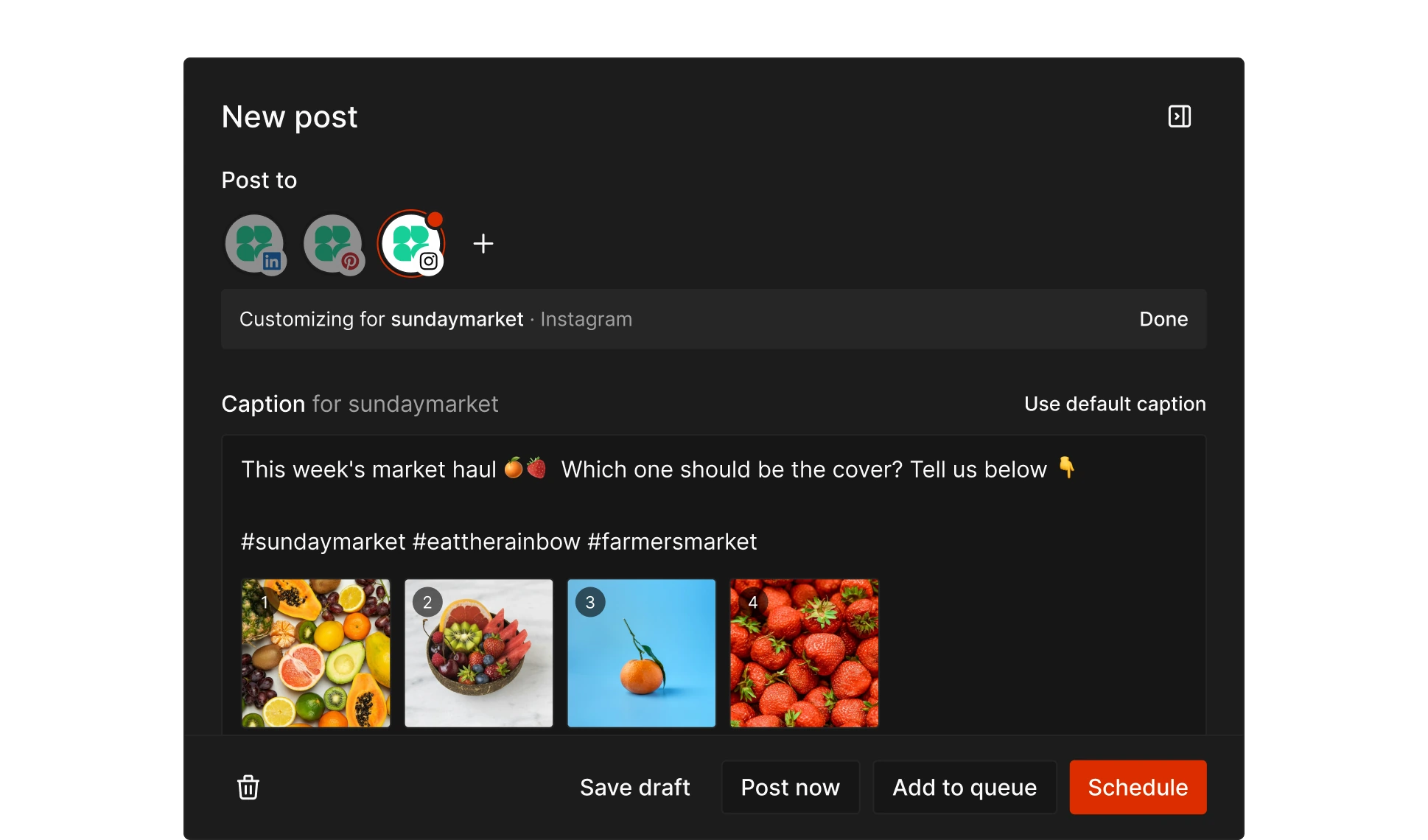 Three channels selected in Tallyfeed, with Instagram given its own caption