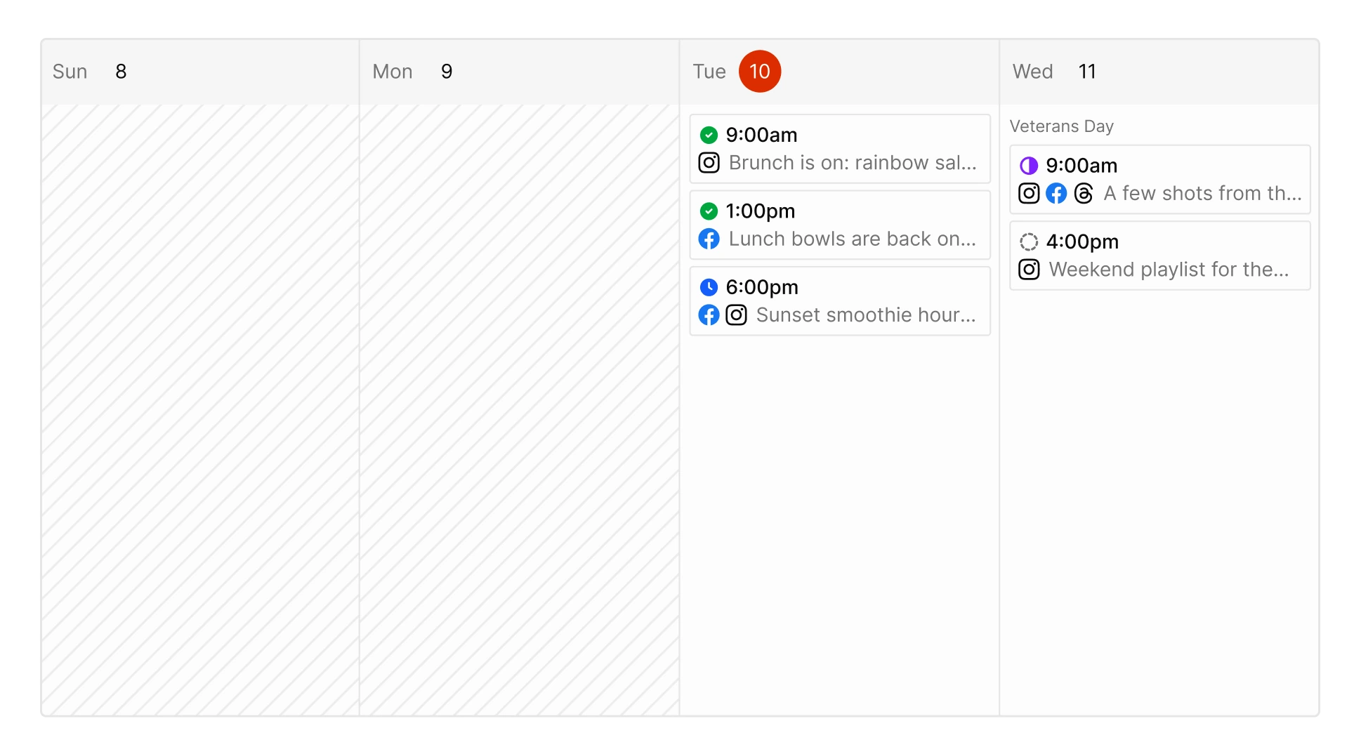 A week in the Tallyfeed calendar with published, scheduled, draft and in-review posts