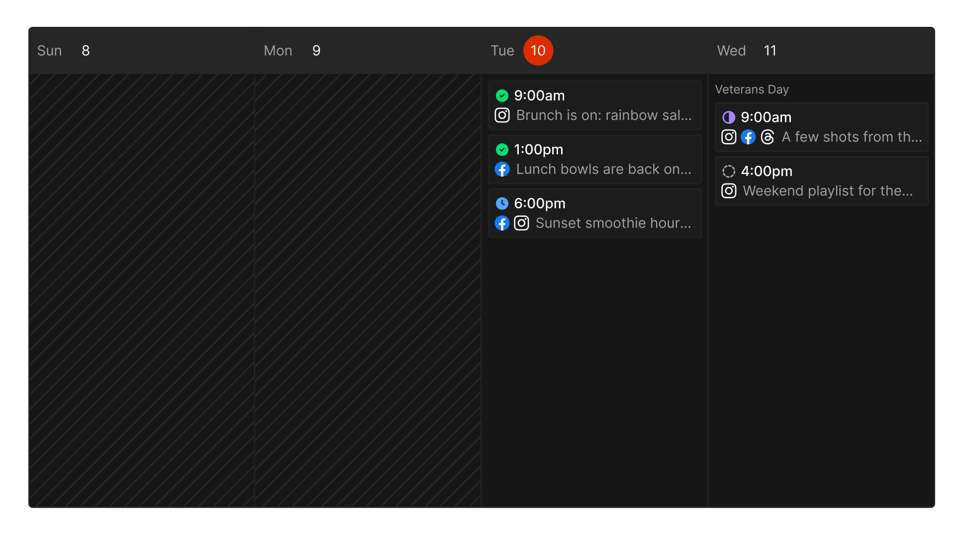 A week in the Tallyfeed calendar with published, scheduled, draft and in-review posts