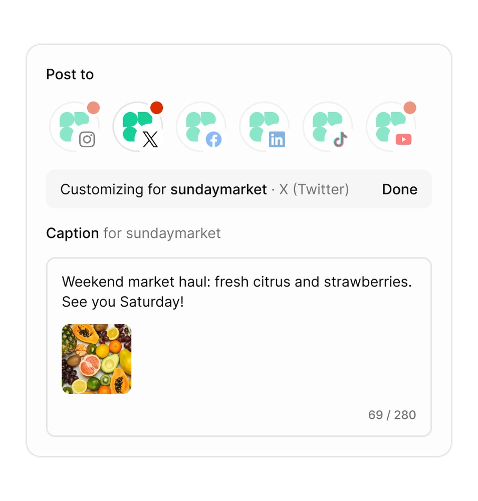 Tallyfeed's composer with six channels selected and X's caption being customized