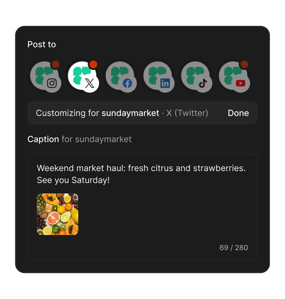 Tallyfeed's composer with six channels selected and X's caption being customized