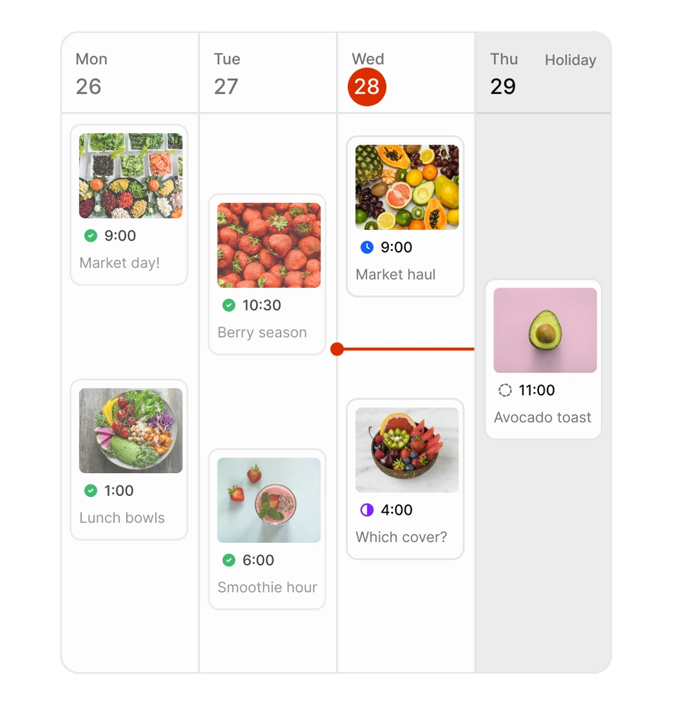 A week in the Tallyfeed calendar with published, scheduled, draft and in-review posts