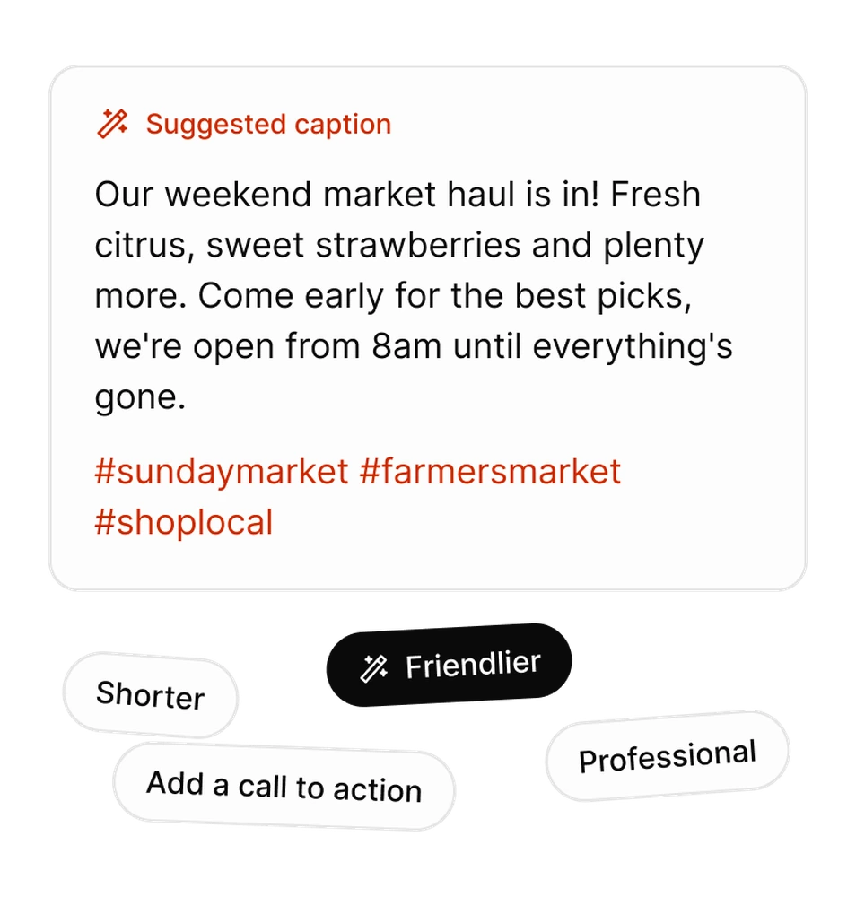 An AI-suggested caption in Tallyfeed, with options to make it shorter, friendlier or more professional