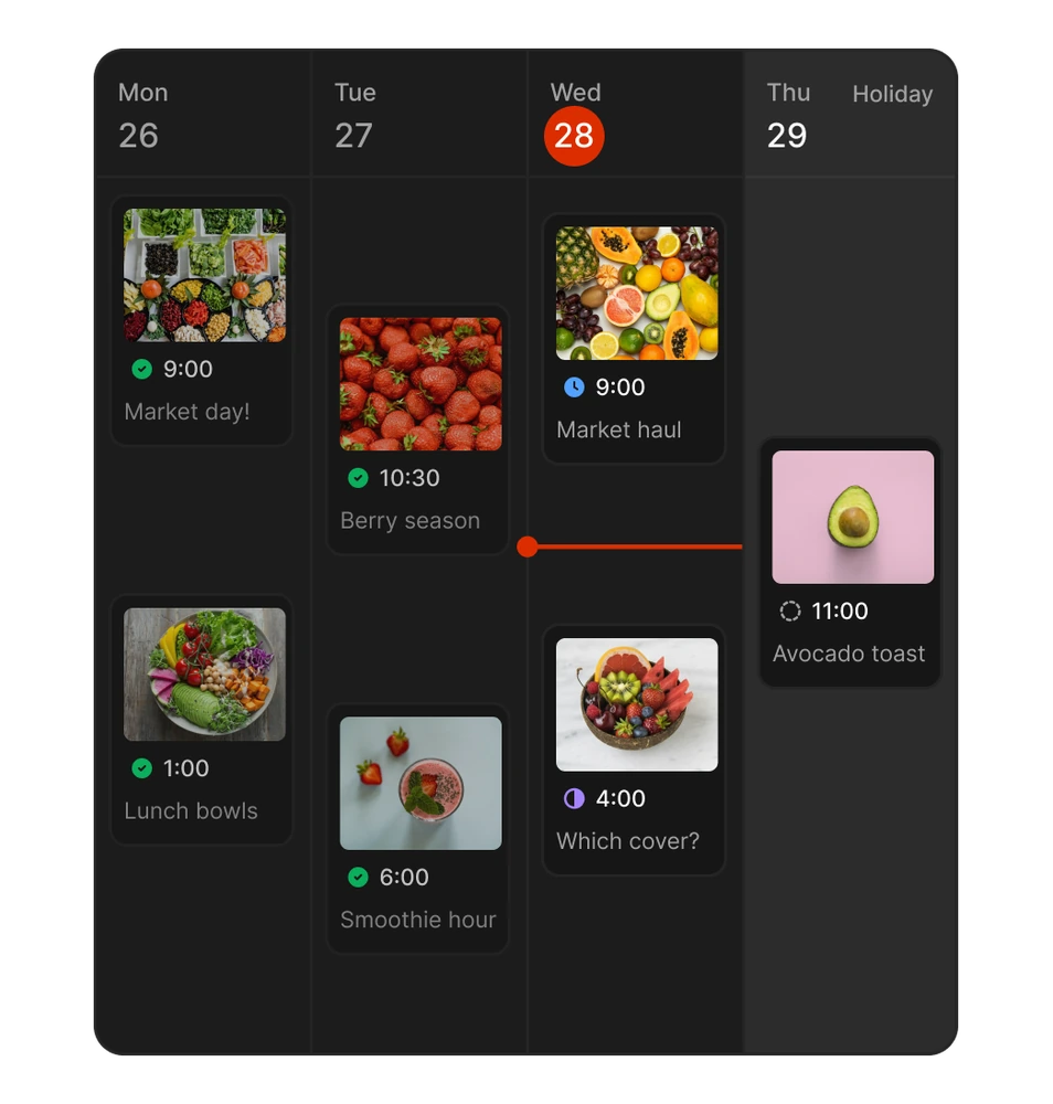 A week in the Tallyfeed calendar with published, scheduled, draft and in-review posts