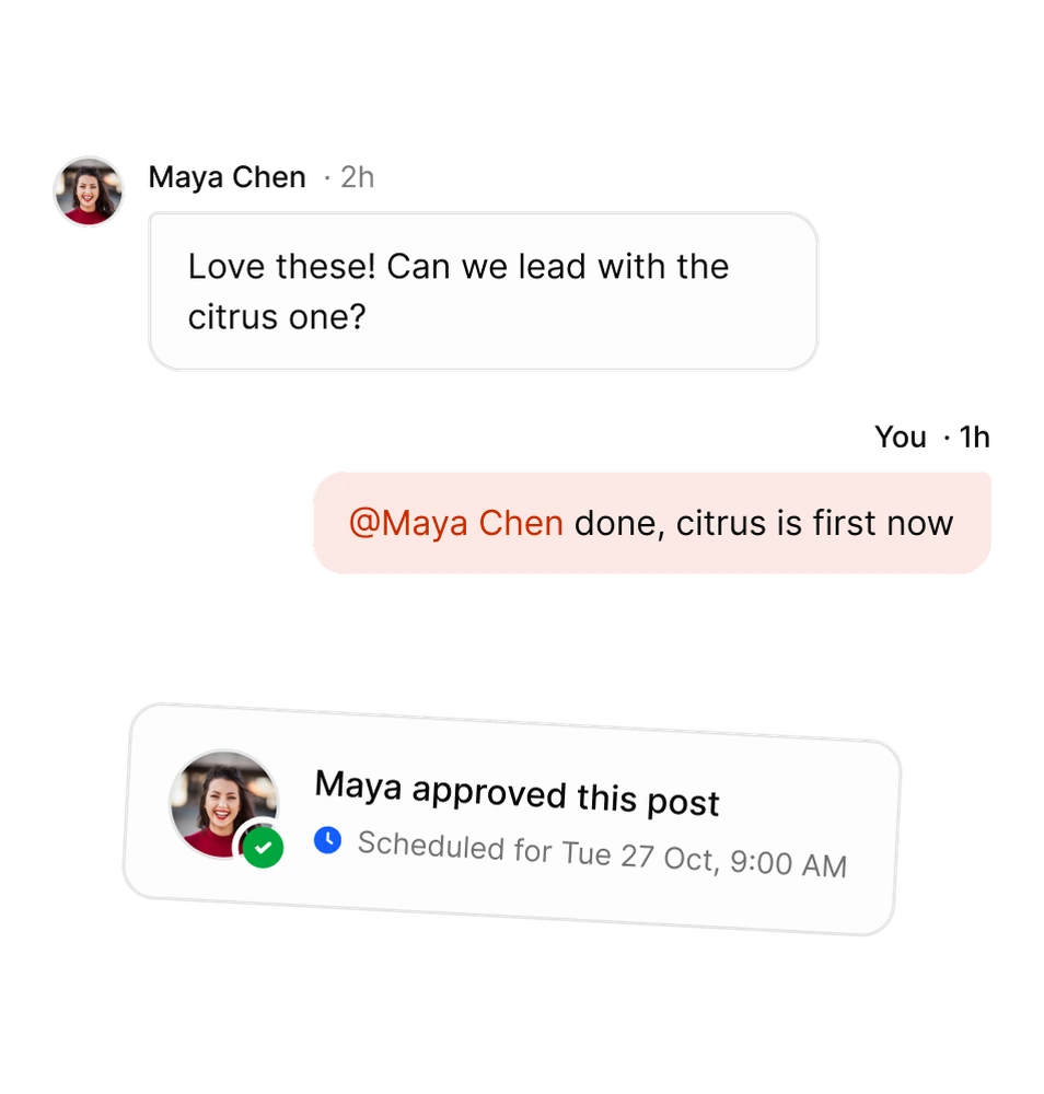 Teammates commenting on a post, with an @mention and an approval