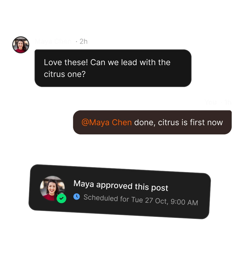 Teammates commenting on a post, with an @mention and an approval