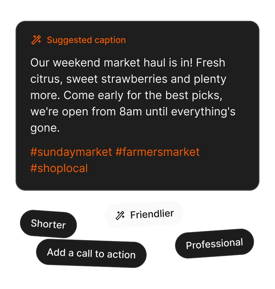 An AI-suggested caption in Tallyfeed, with options to make it shorter, friendlier or more professional