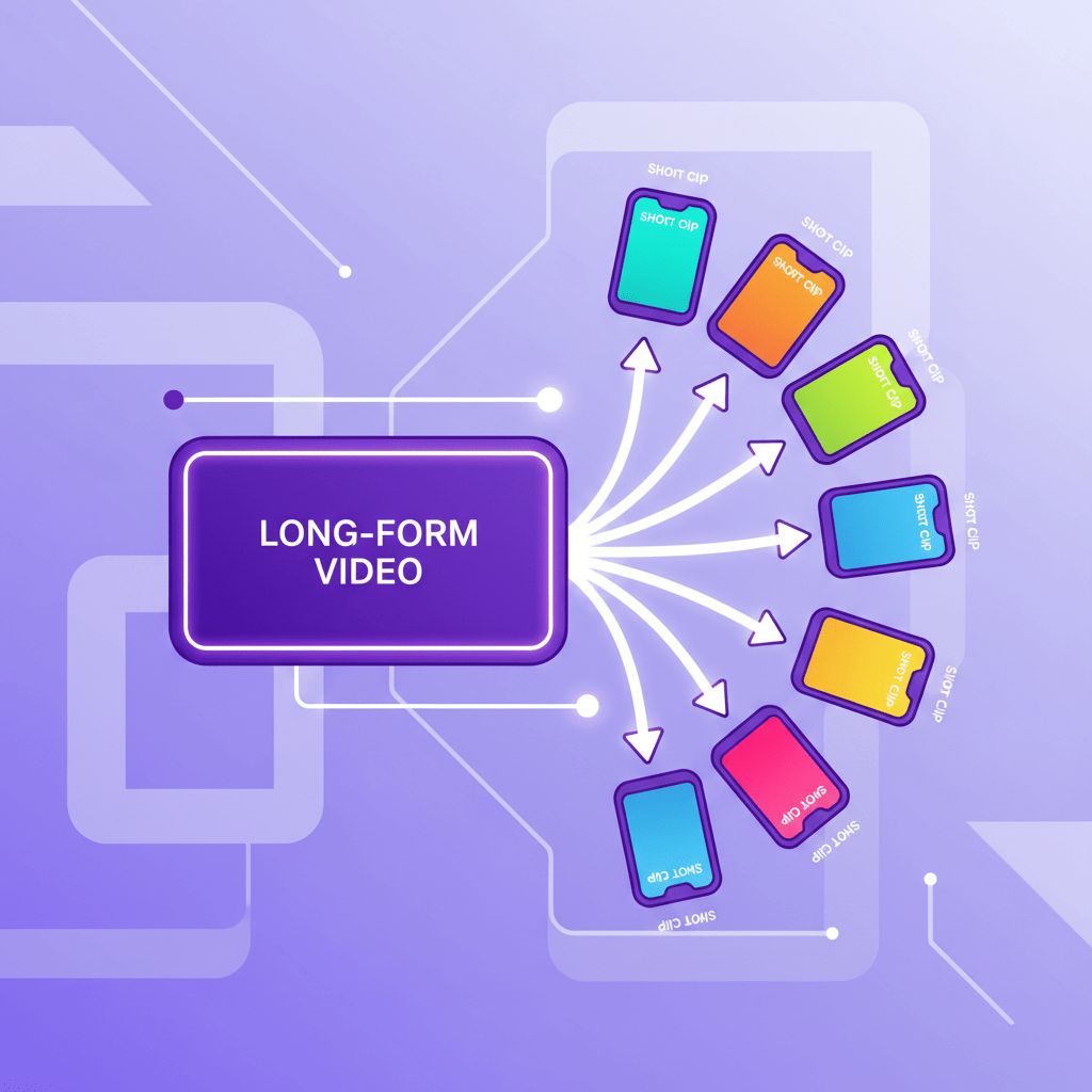 Content repurposing workflow showing one video becoming multiple shorts
