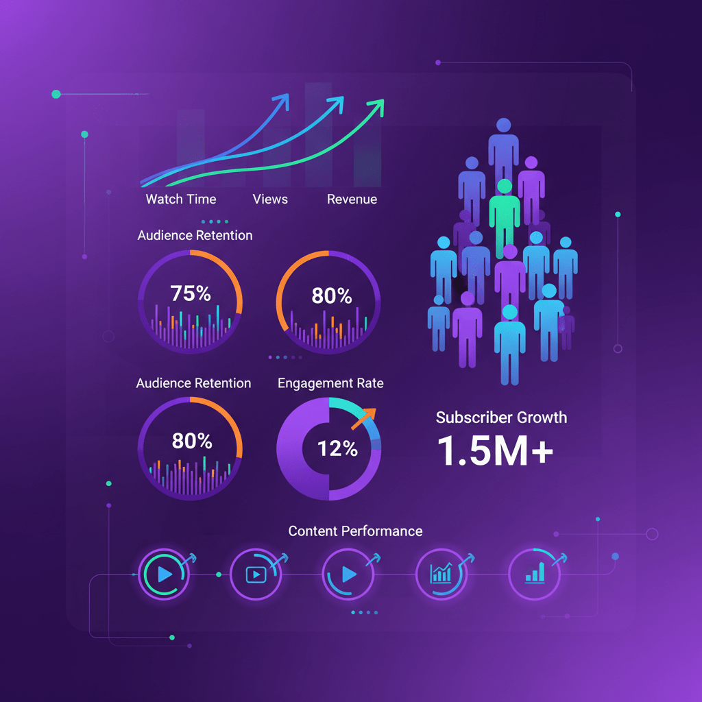 YouTube analytics dashboard with growth metrics and performance indicators