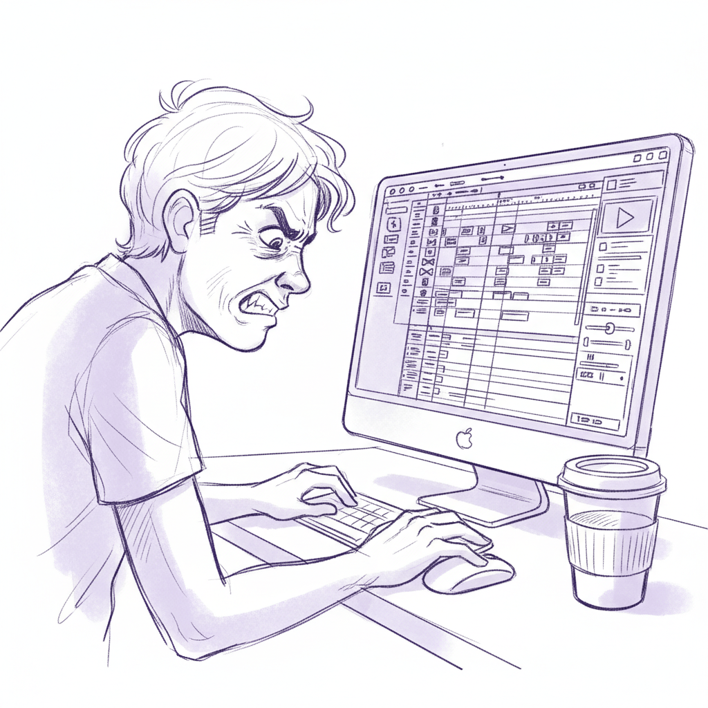 Exhausted creator manually editing video clips