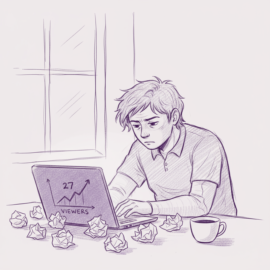 Frustrated content creator at desk with laptop showing low analytics