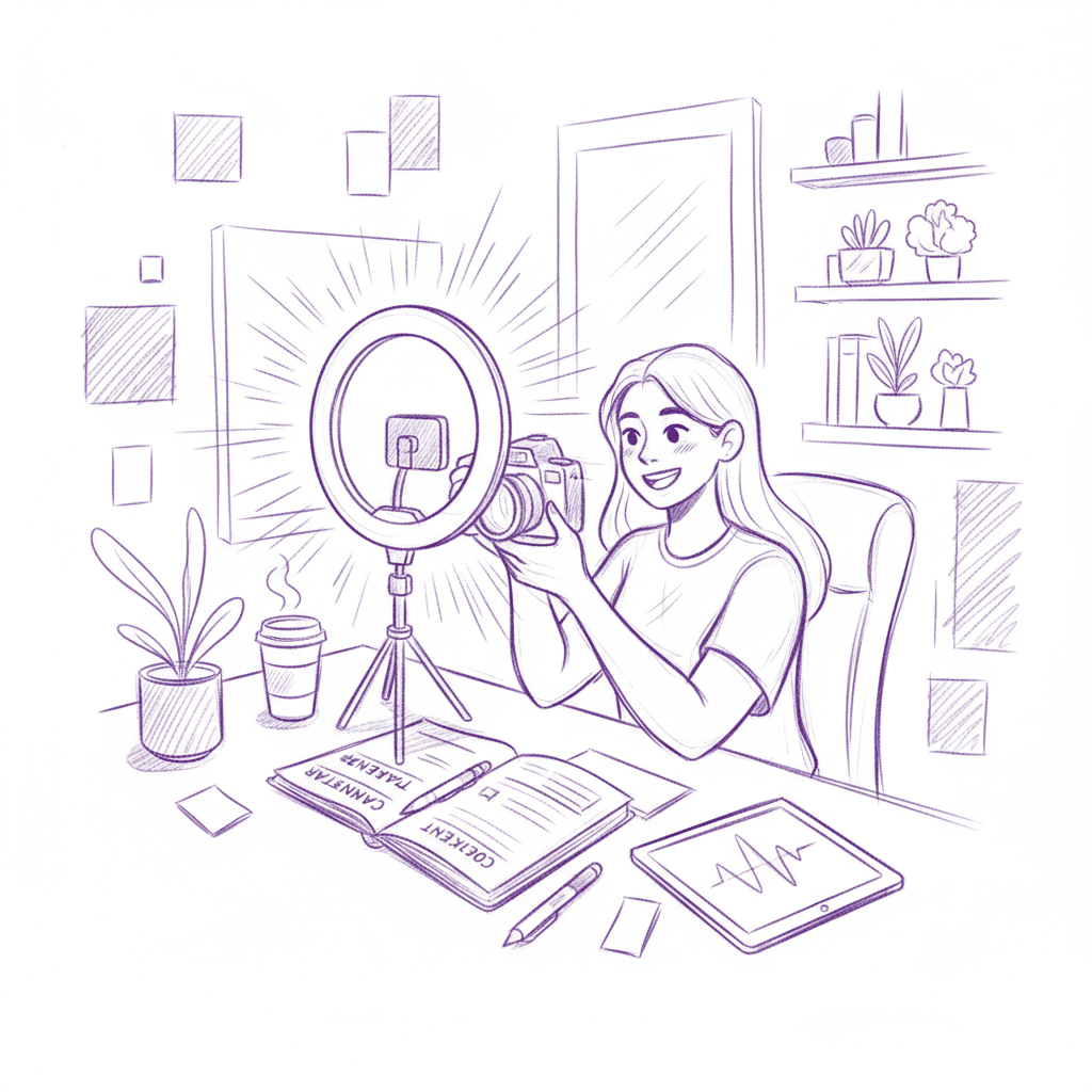 Content creator confidently filming with camera setup and organized content calendar