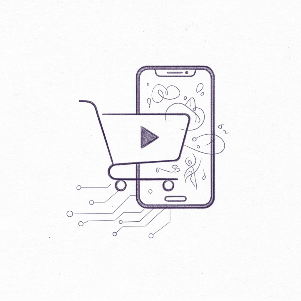 Sketch of shopping cart merging with mobile phone displaying video content in purple tones