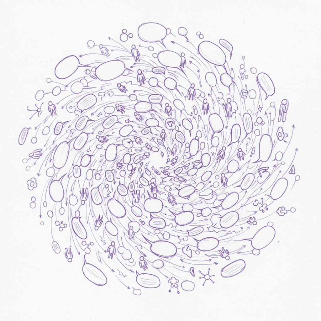 Sketch of community network with people connected through speech bubbles and interaction symbols