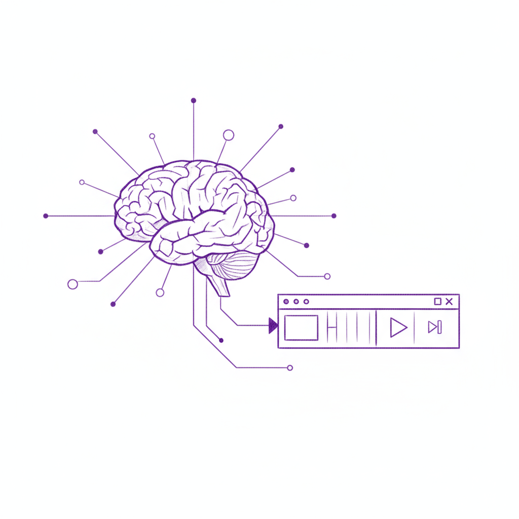 Sketch showing AI brain network connected to video editing timeline with purple accents