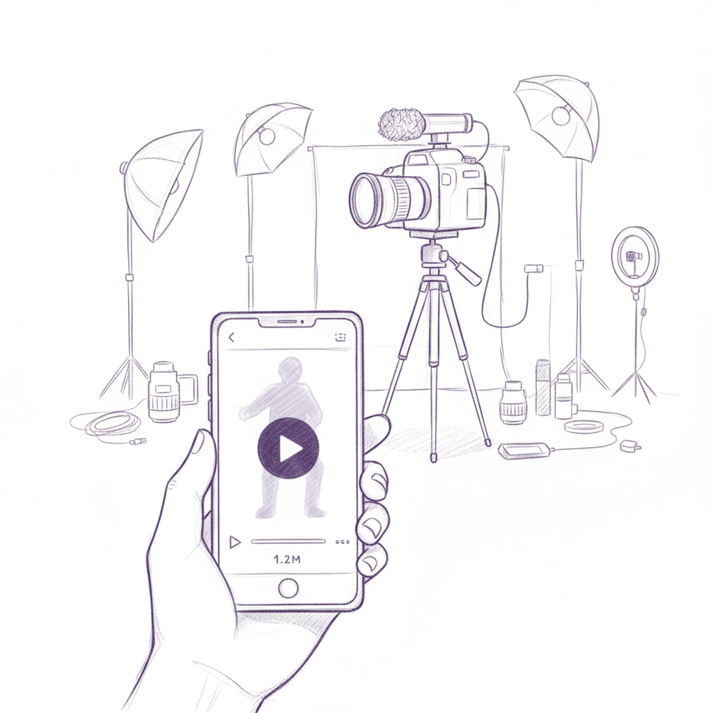 Sketch of smartphone displaying YouTube Shorts interface with creator workspace and camera equipment