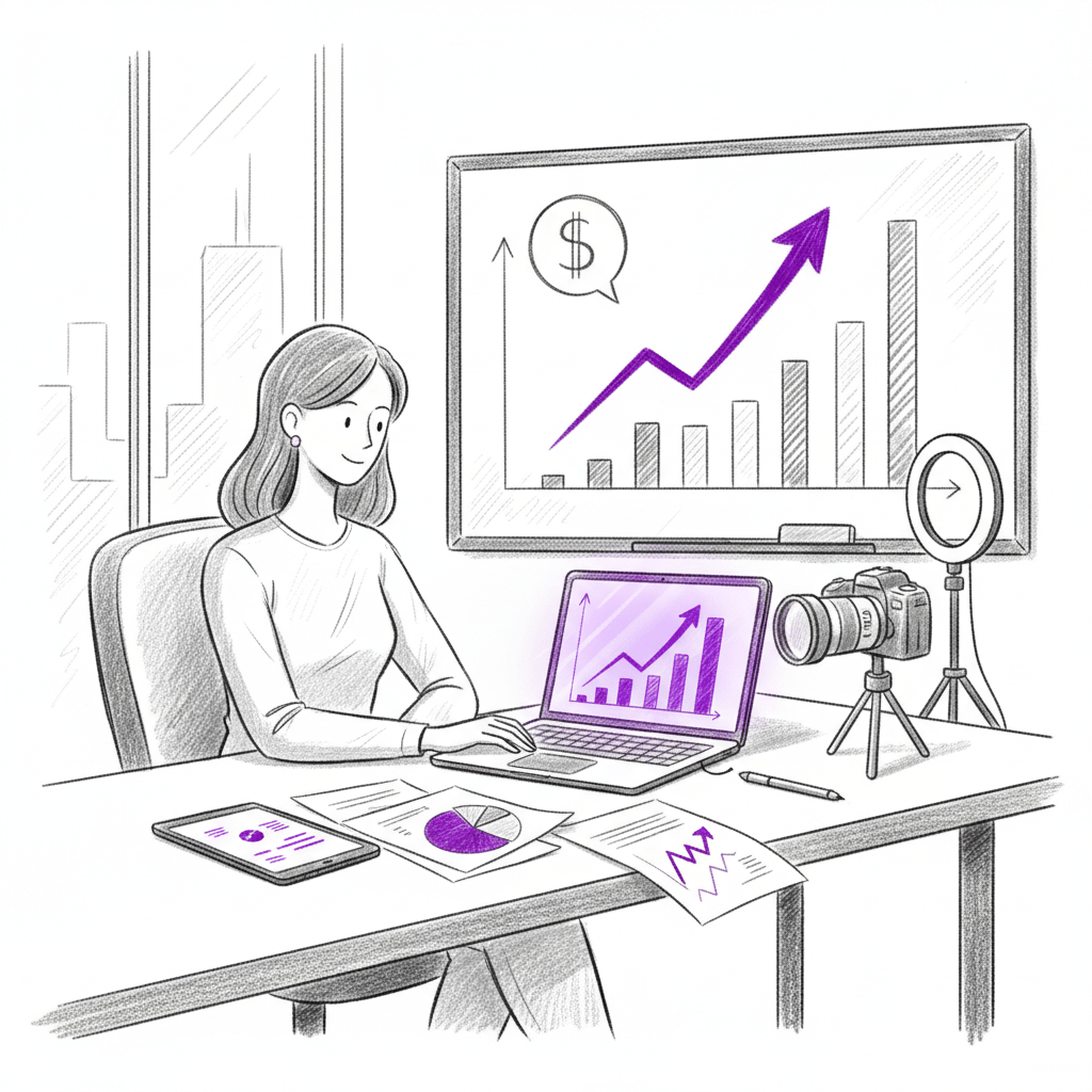 Professional woman at content creation workspace with laptop and camera showing business growth charts