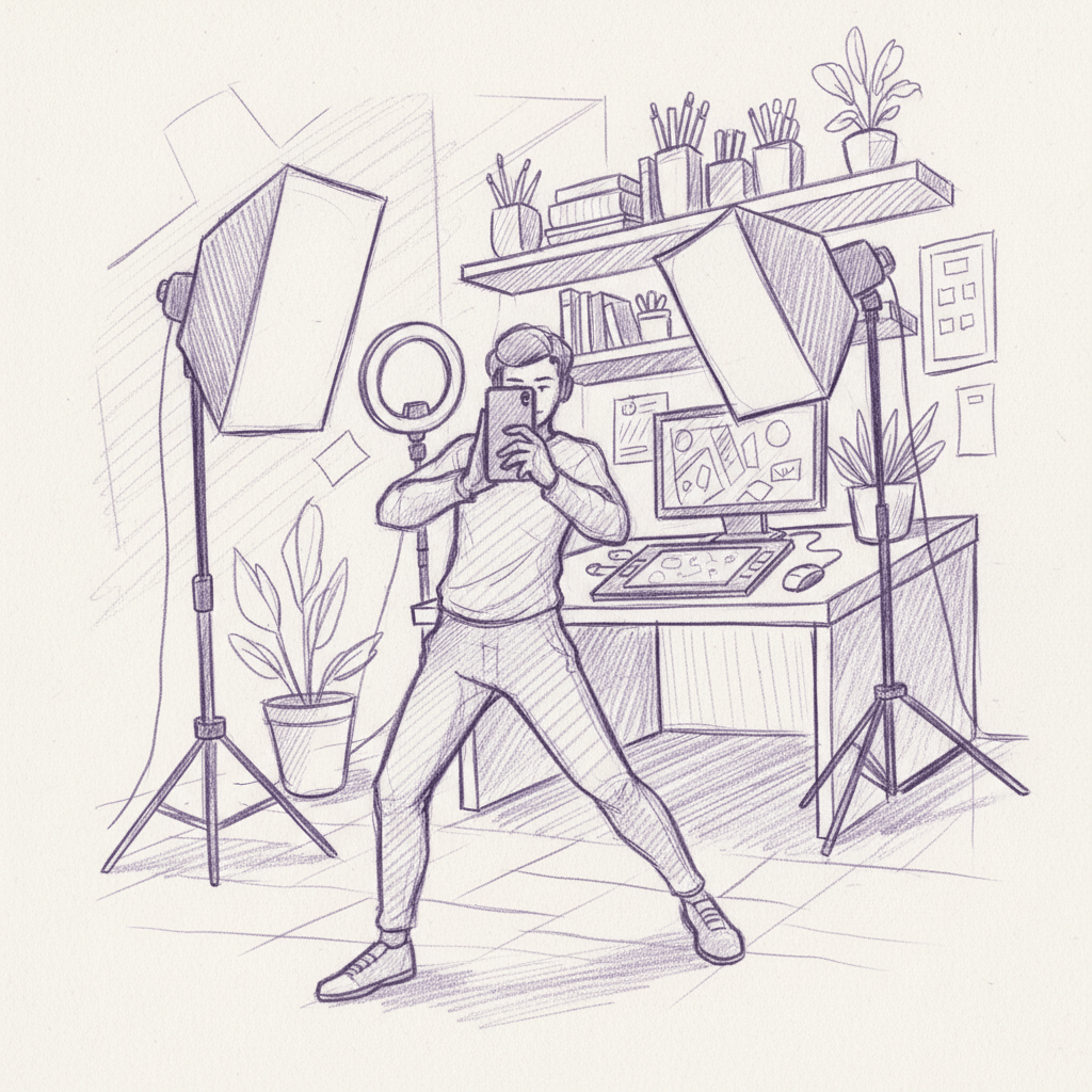 Content creator confidently filming vertical video with professional lighting in creative workspace