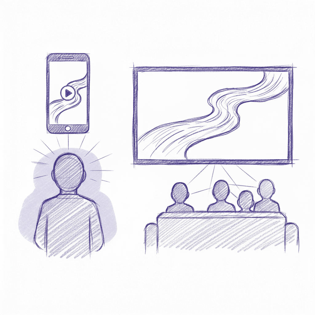 Split screen sketch showing vertical smartphone format versus horizontal widescreen format viewing